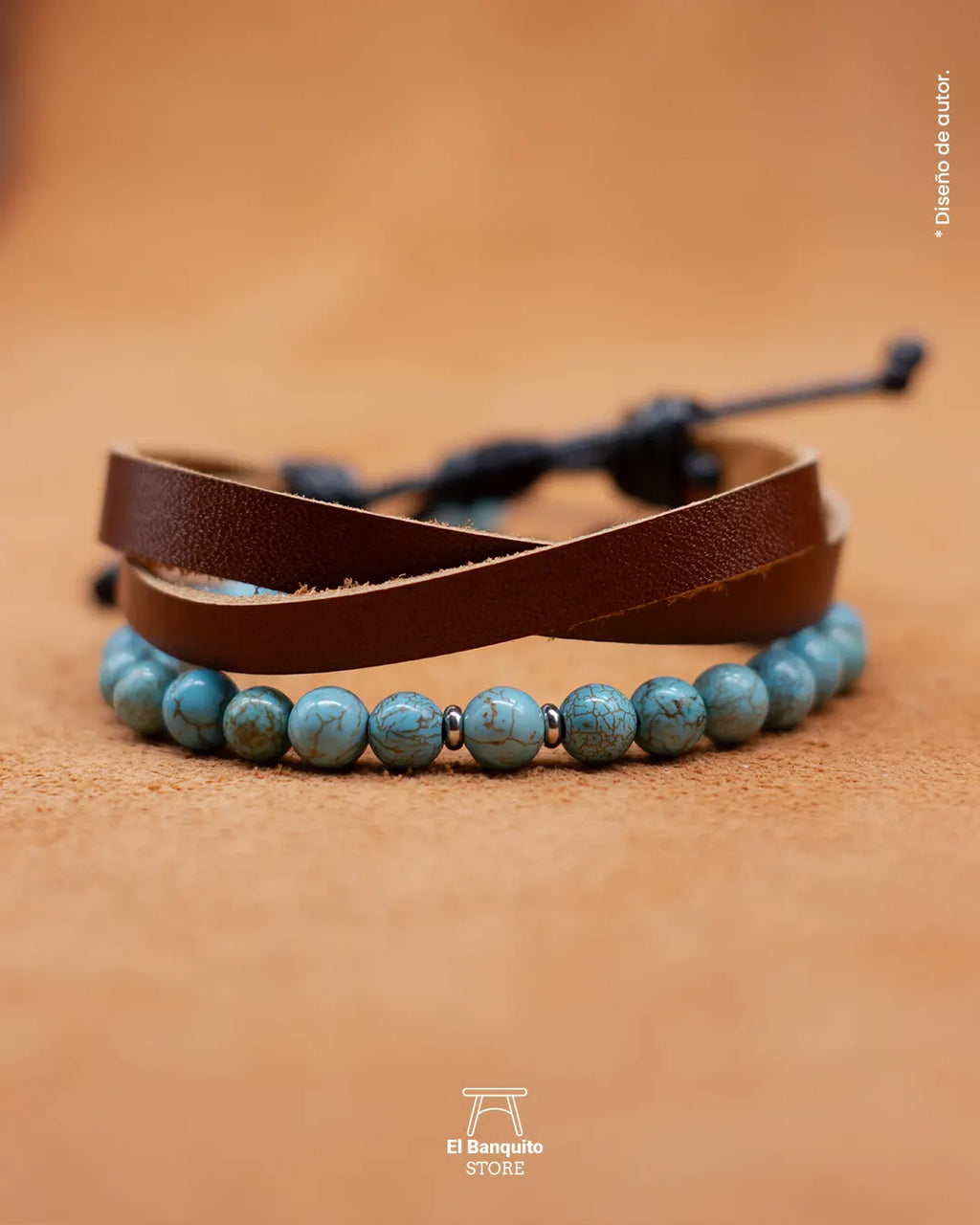 Pulsera de Turquesa Natural con pulsera de cuero plano