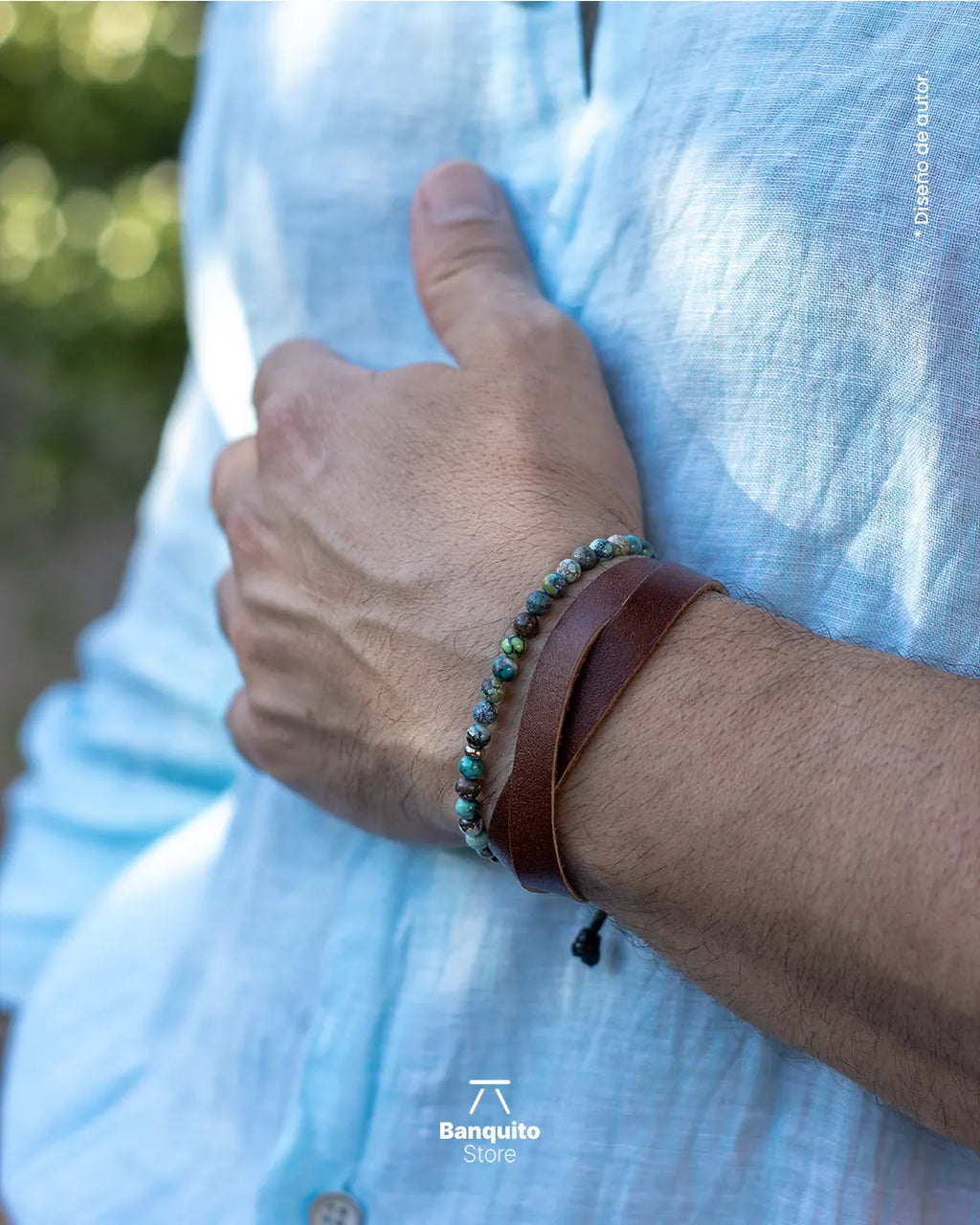 Pulsera de Turquesa Tibetana Natural con pulsera de cuero plano