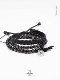 Pulsera Doble Obsidiana Plateada 6mm y Cuero Negro Hombre