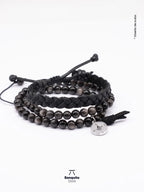 Pulsera Doble Obsidiana Plateada 6mm y Cuero Negro Hombre