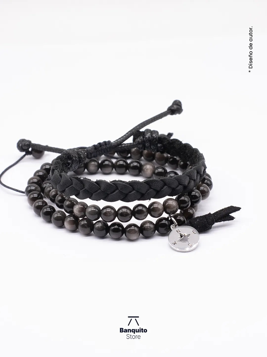 Pulsera Doble Obsidiana Plateada 6mm y Cuero Negro Hombre