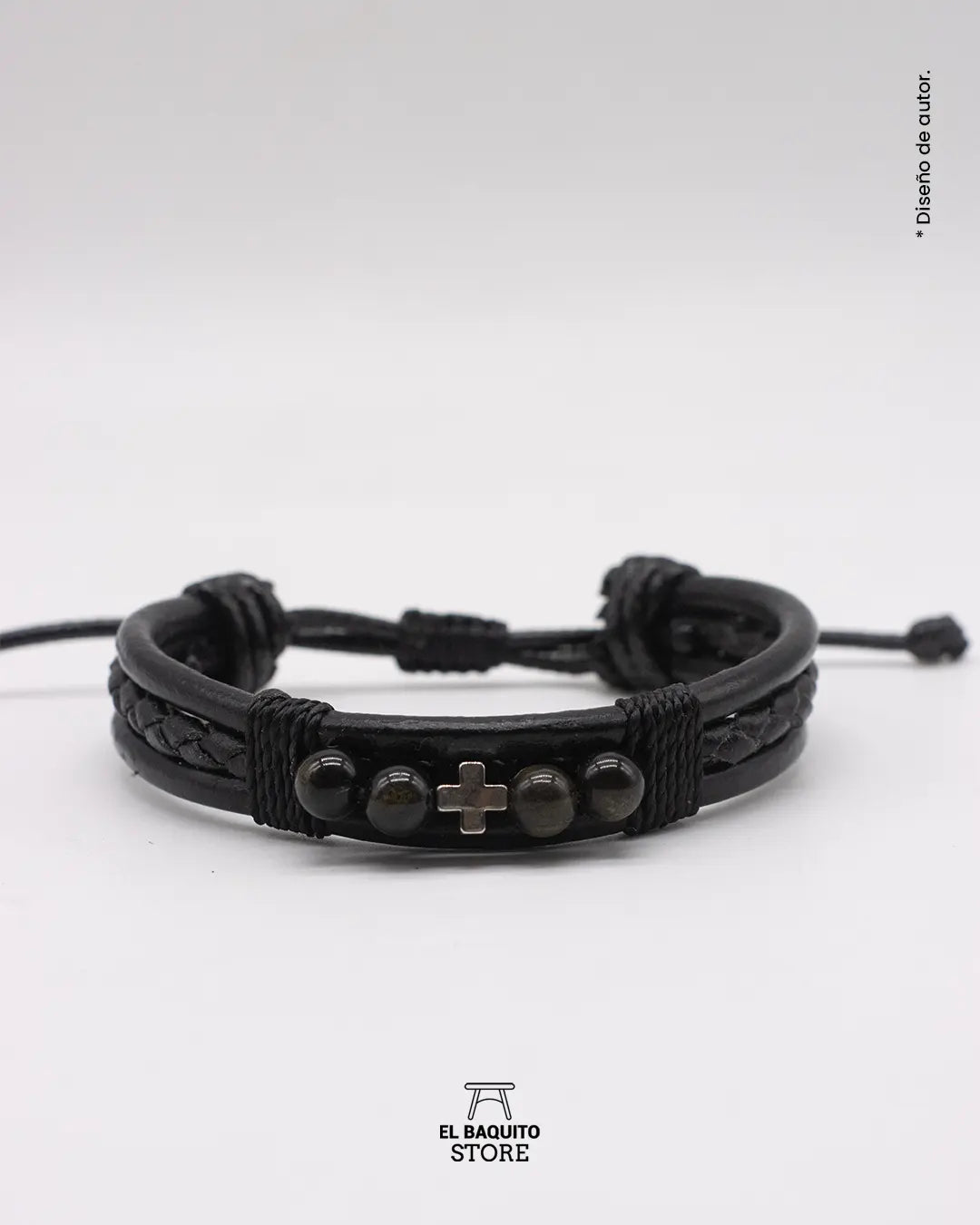 Pulsera Cuero negro con Obsidiana dorada