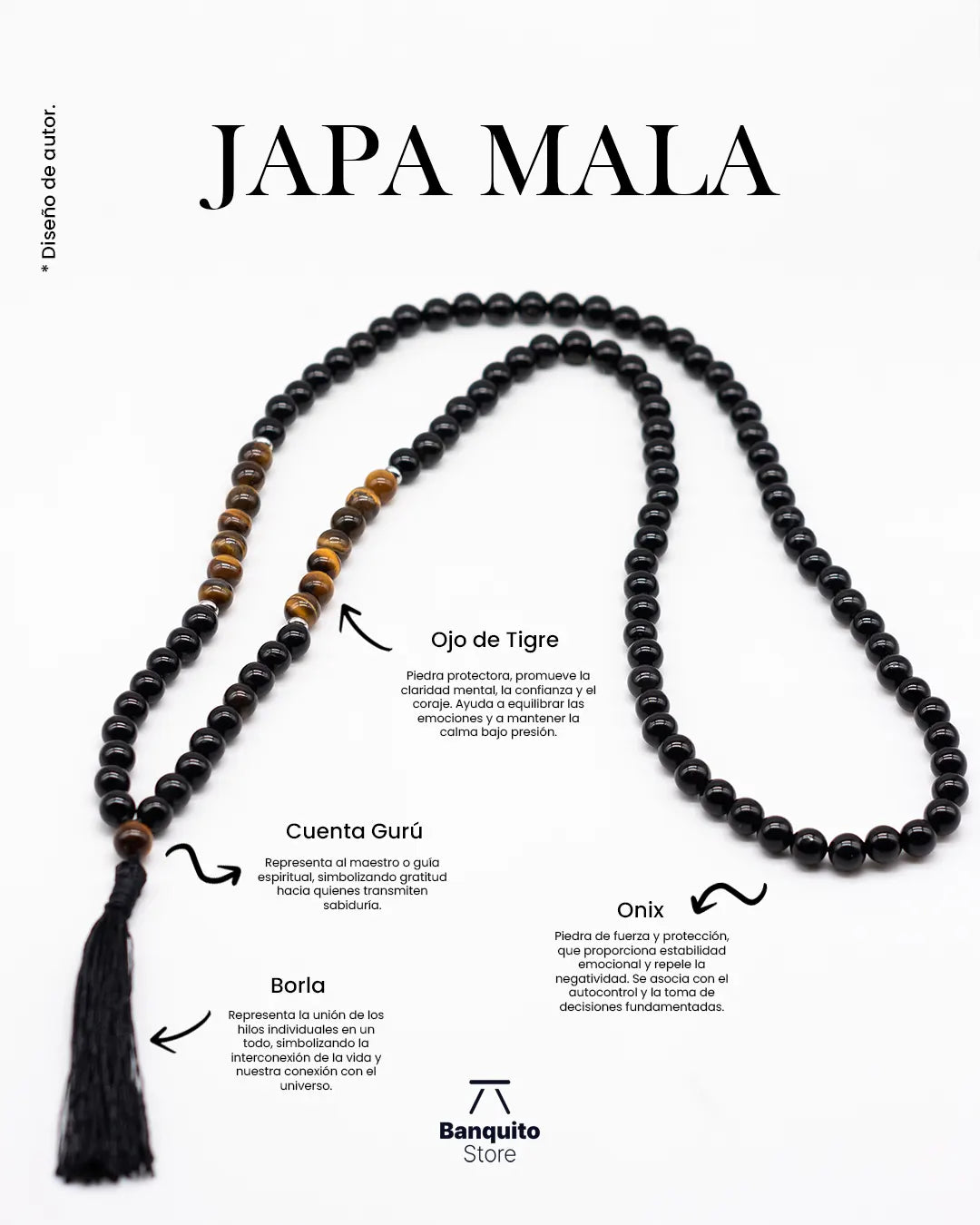 Collar Japa Mala de Ónix y Ojo de Tigre Natural 108 Cuentas