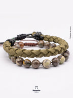 Pulsera Ágata Turca + Cuero Trenzado Verde