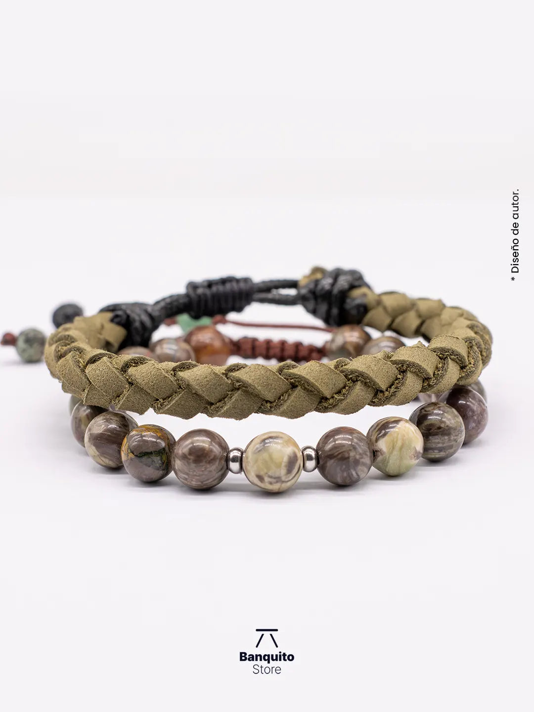 Pulsera Ágata Turca + Cuero Trenzado Verde