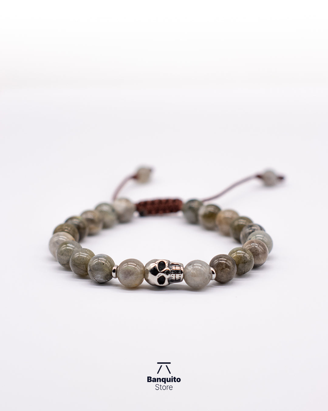 Pulsera de Labradorita 8 mm con Calavera de Acero Inoxidable