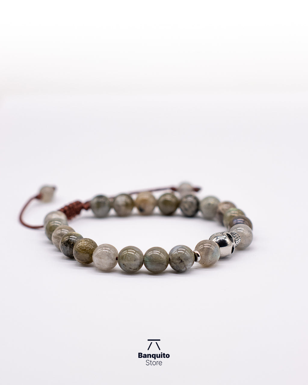 Pulsera de Labradorita 8 mm con Calavera de Acero Inoxidable