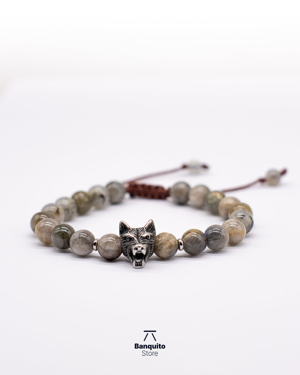 Pulsera de Labradorita 8 mm con Lobo de Acero Inoxidable