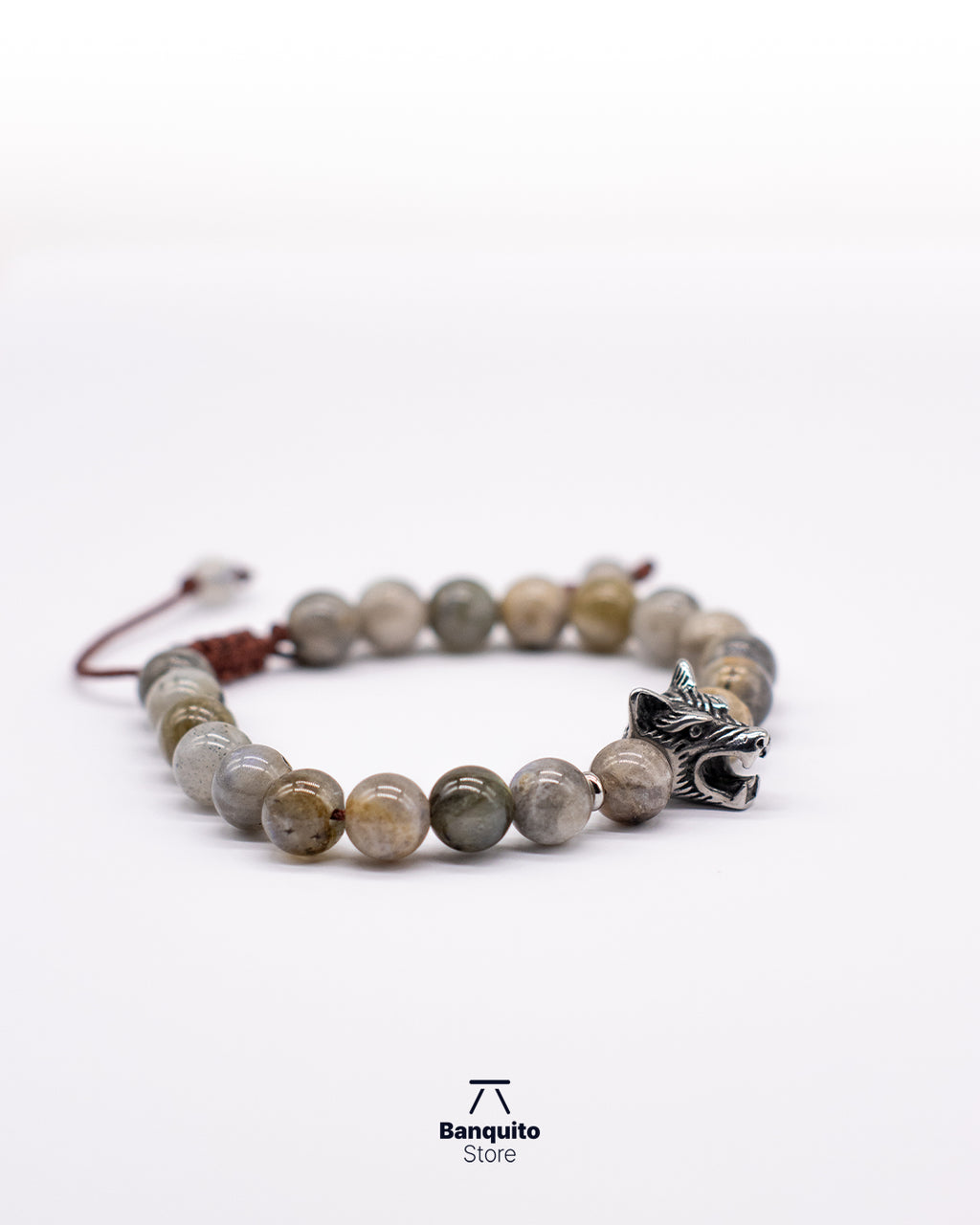 Pulsera de Labradorita 8 mm con Lobo de Acero Inoxidable