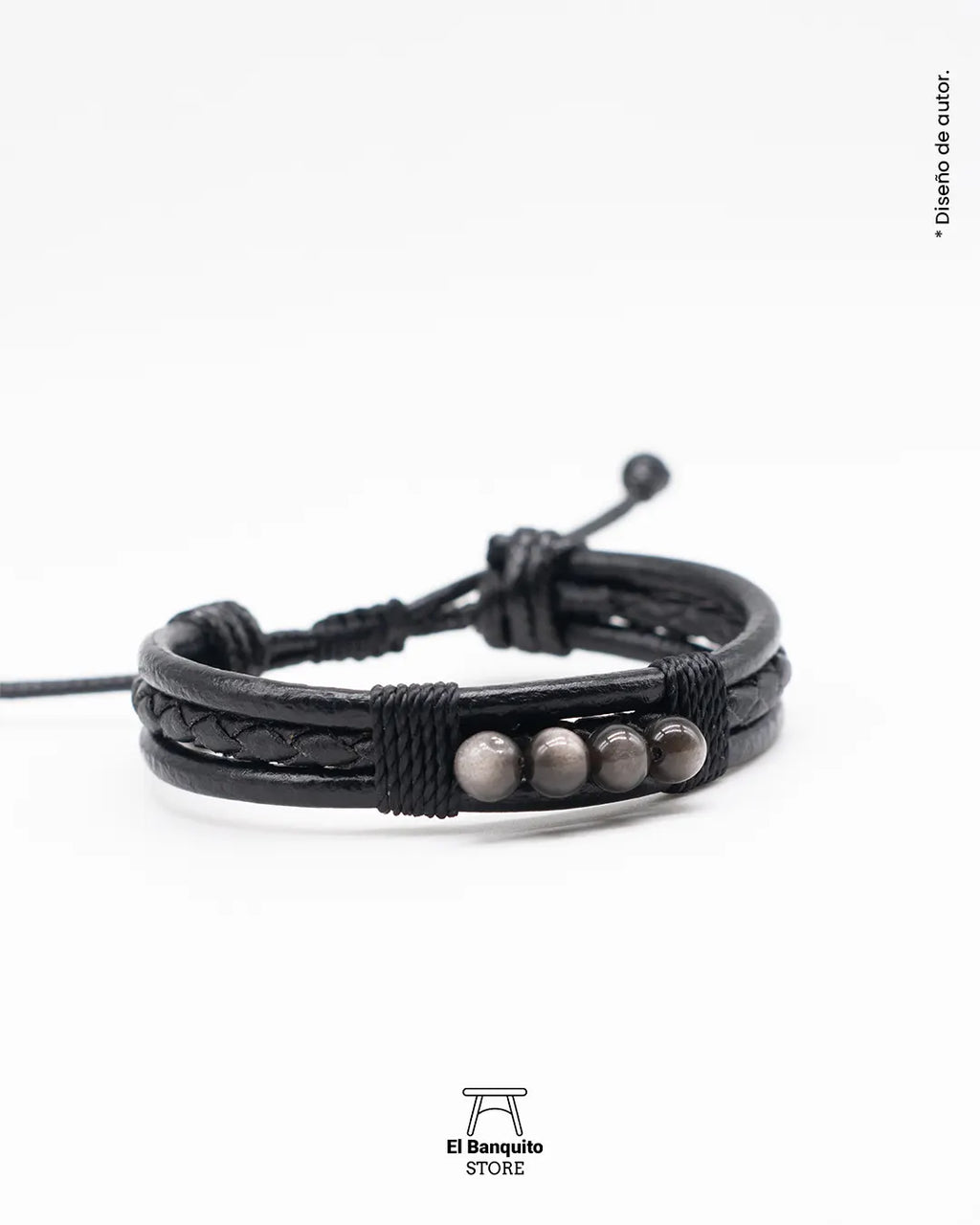 Pulsera Cuero negro con Obsidiana Plateada