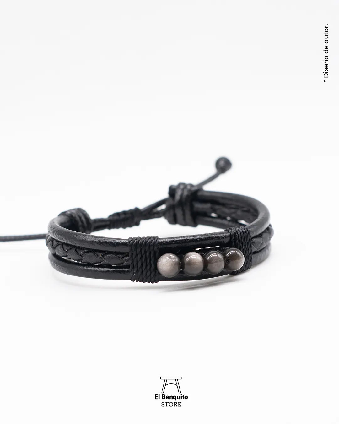 Pulsera Cuero negro con Obsidiana Plateada