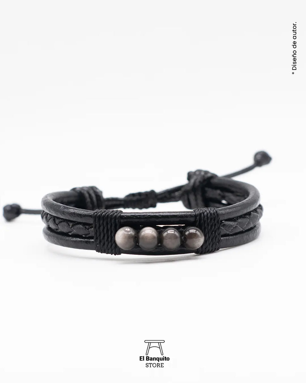 Pulsera Cuero negro con Obsidiana Plateada