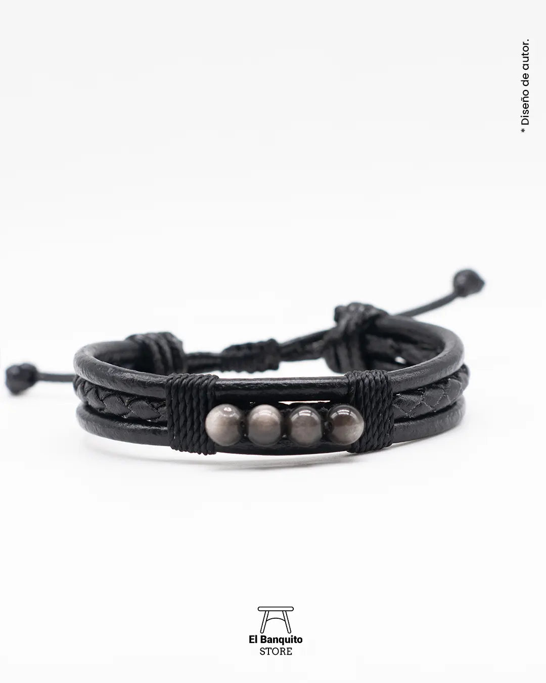 Pulsera Cuero negro con Obsidiana Plateada