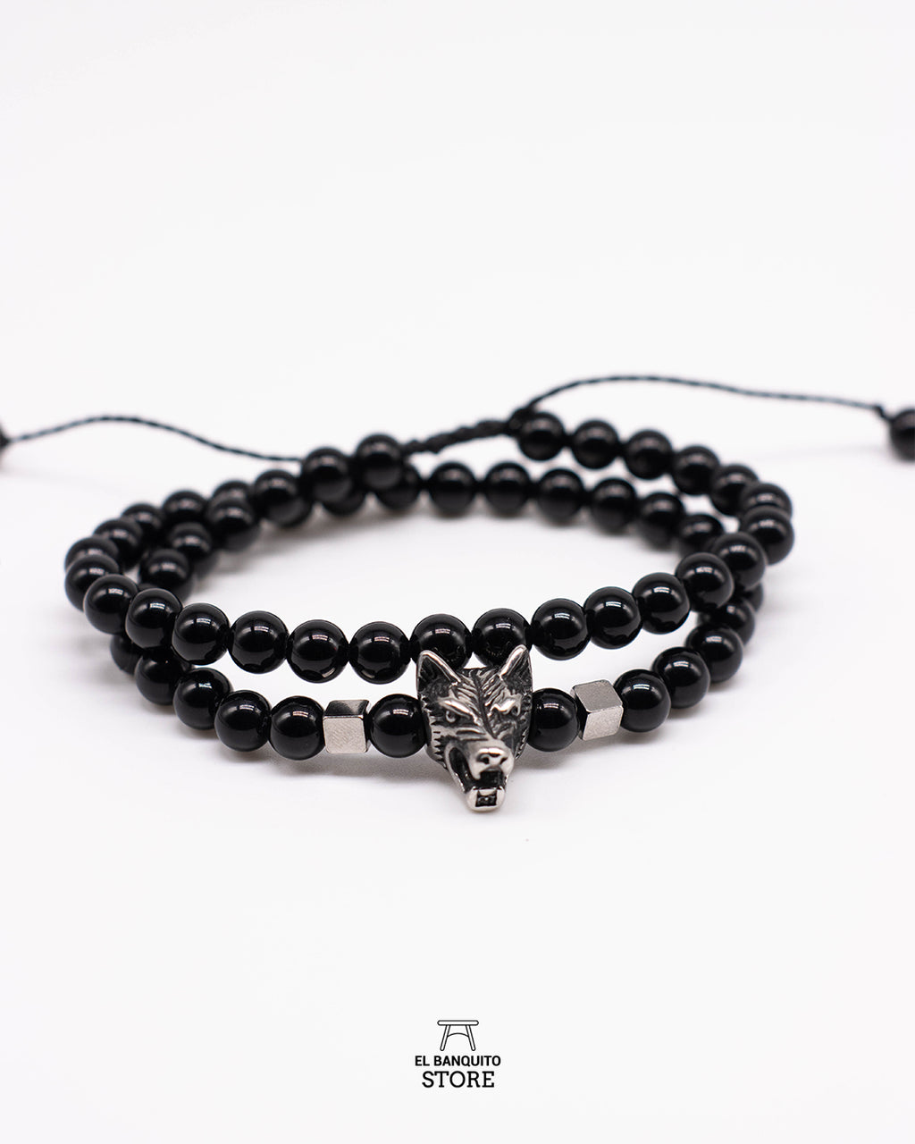 Pulsera doble de onix negra con lobo