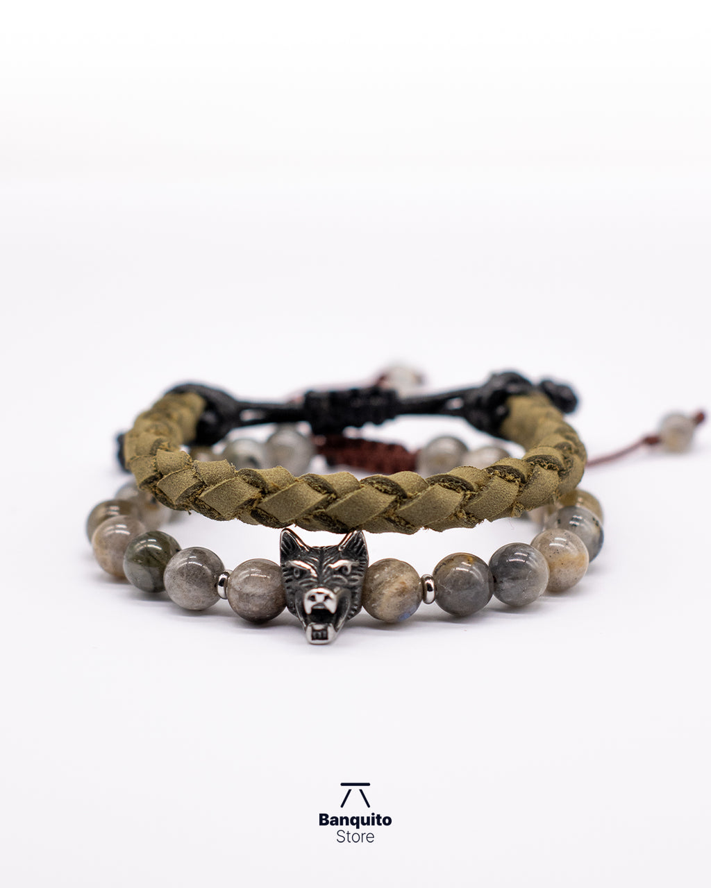 Set de Pulseras Labradorita, Lobo y Cuero Verde