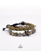 Set de Pulseras Labradorita, Lobo y Cuero Verde