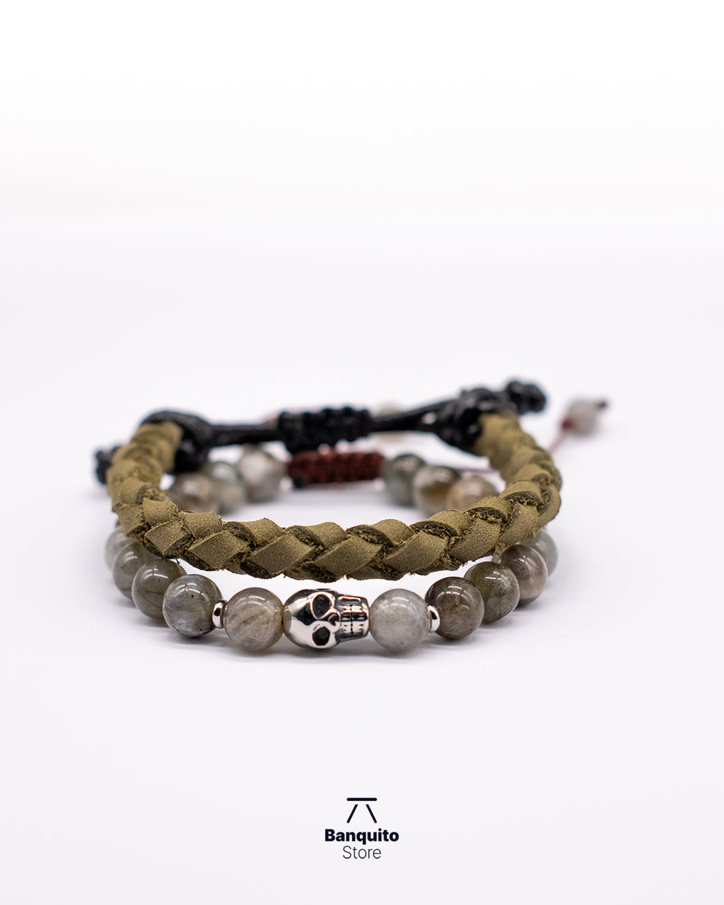 Set de Pulseras de Labradorita con Calavera y Cuero Verde