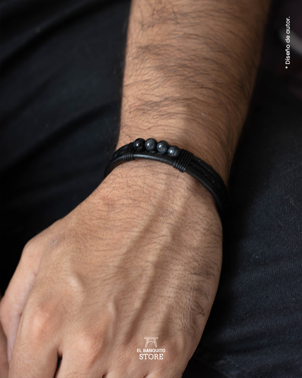 Pulsera Bjorn (Pulsera de Cuero Negro con Piedra Ojo de Halcón)