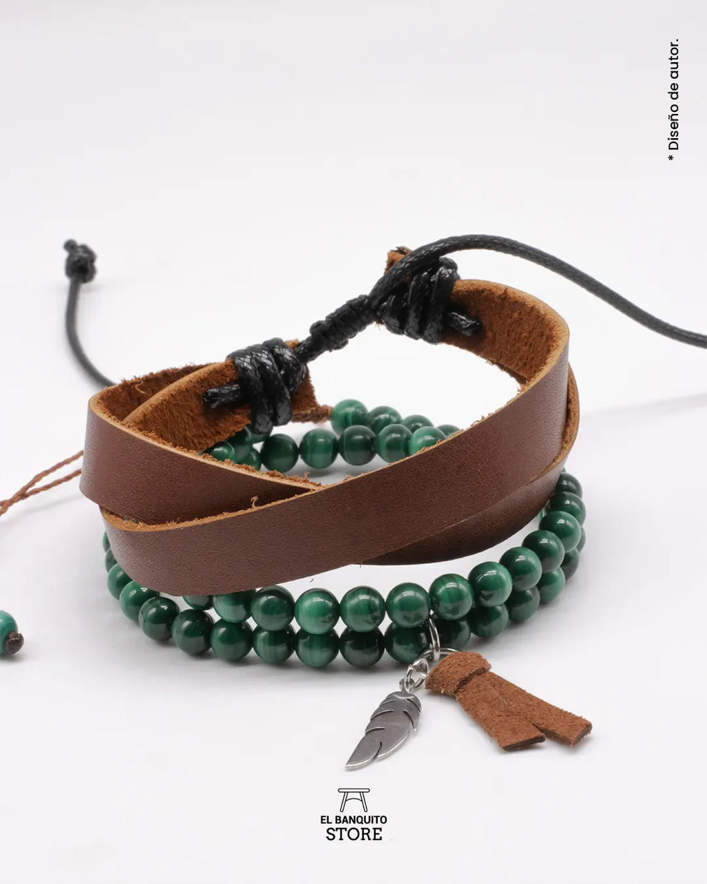 Pulsera Malaquita Natural del Congo y Cuero Cruzado para Hombre | Banquito Store