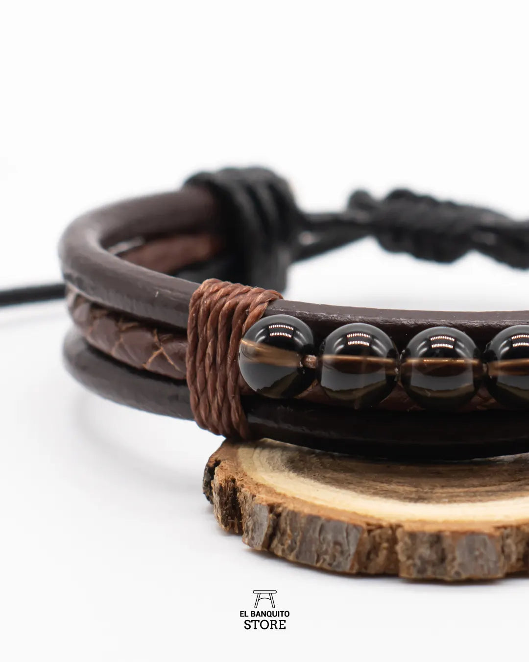 Pulsera de Cuero Café con Cuarzo Ahumado
