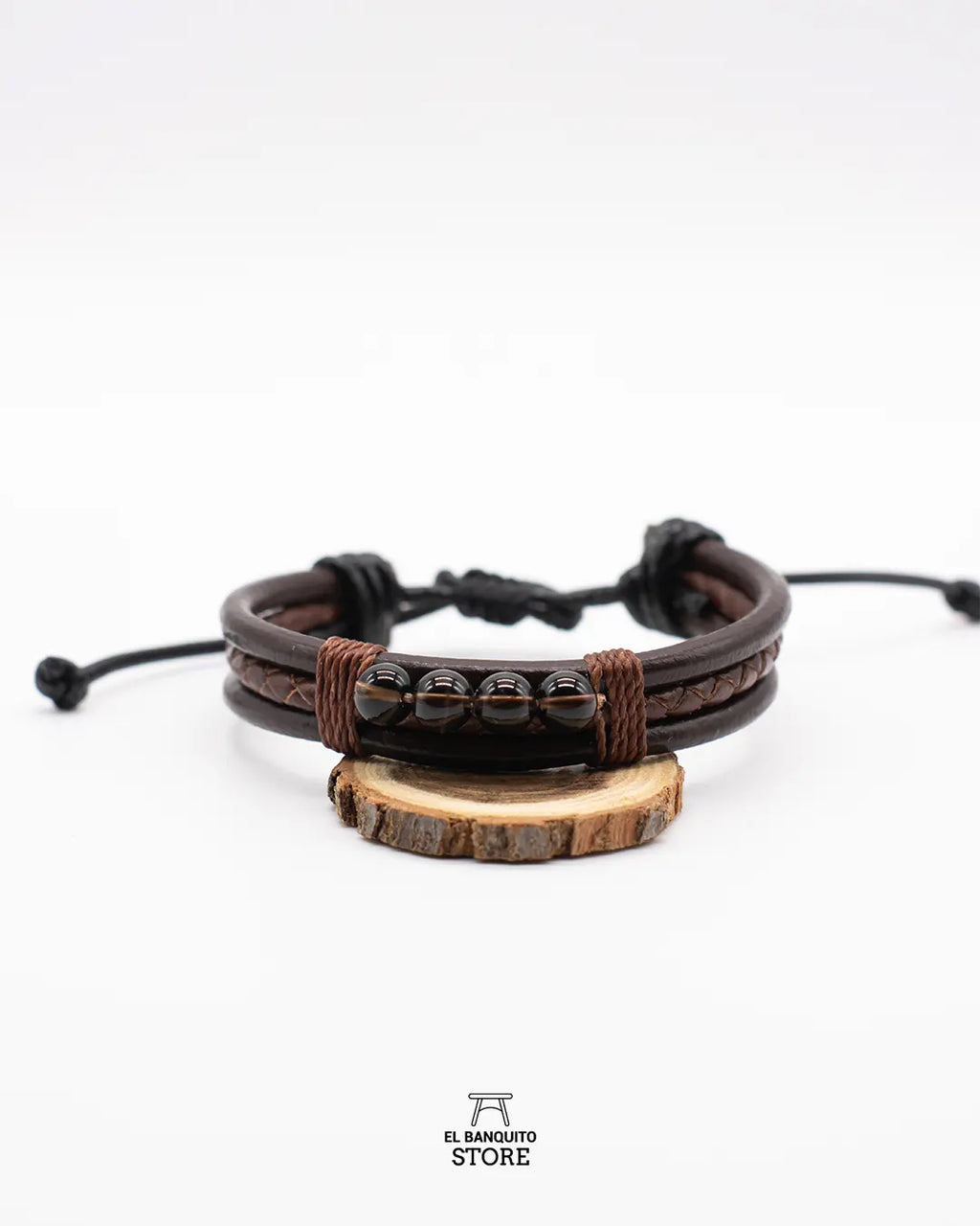 Pulsera de Cuero Café con Cuarzo Ahumado
