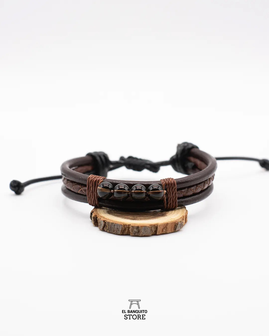 Pulsera de Cuero Café con Cuarzo Ahumado
