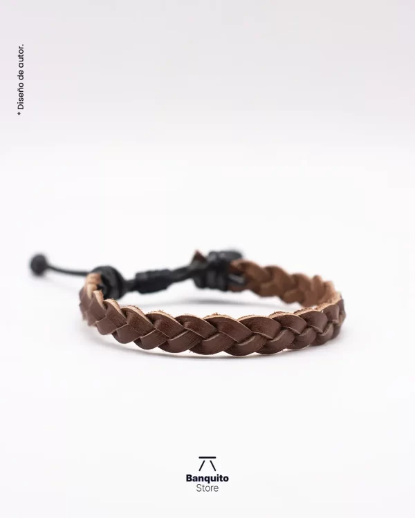 Pulsera de cuero café trenzado plano - Imagen 2