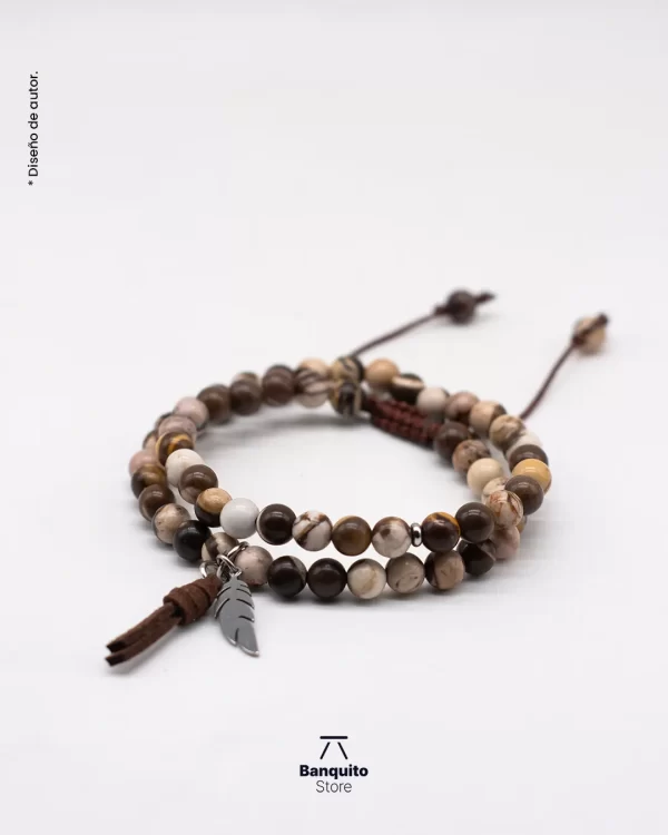 Pulsera Jaspe Cebra y Cuero Café - Imagen 2