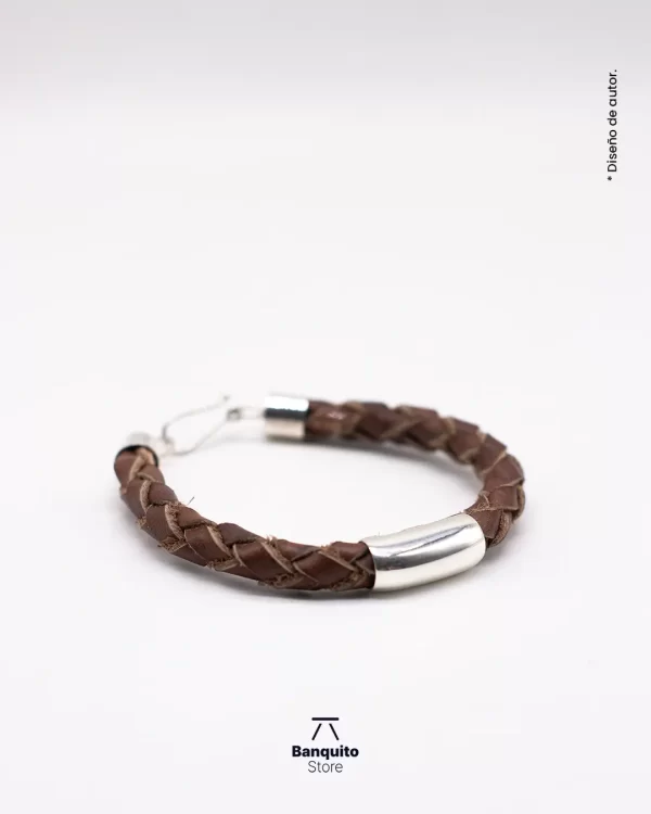Pulsera de Cuero Café Genuino y Plata 950 - Imagen 2