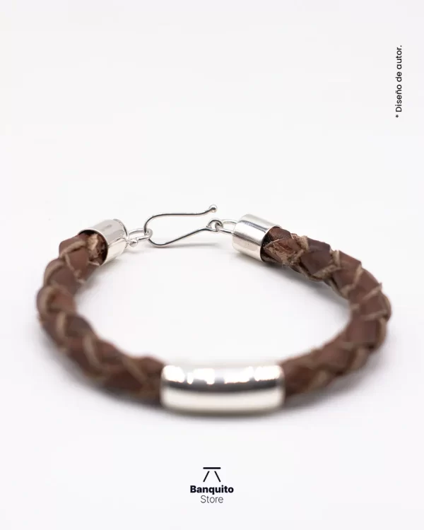 Pulsera de Cuero Café Genuino y Plata 950 - Imagen 3