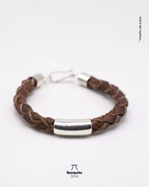 Pulsera de Cuero Café Genuino y Plata 950