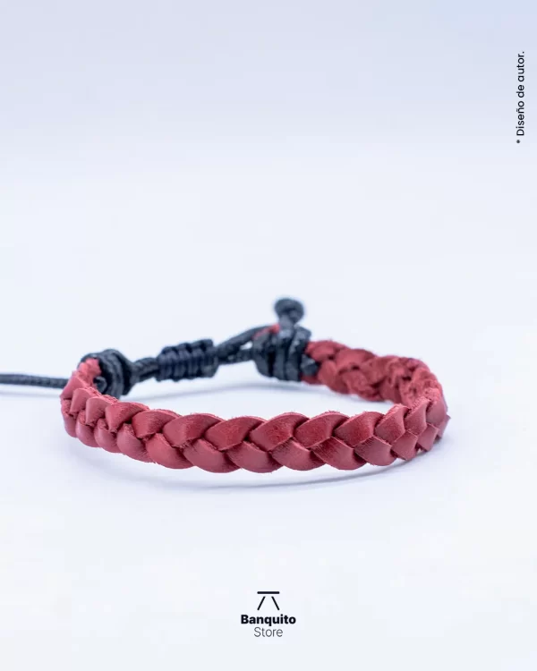 Pulsera de cuero roja trenzado plano - Imagen 2