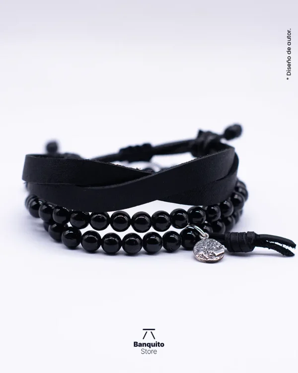 Pulsera doble de turmalina negra con medalla de plata 950 - Imagen 2