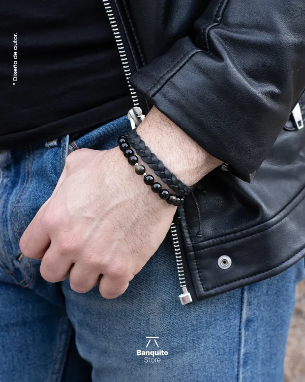 Pulsera de Obsidiana Dorada y Cuero Negro - Imagen 2