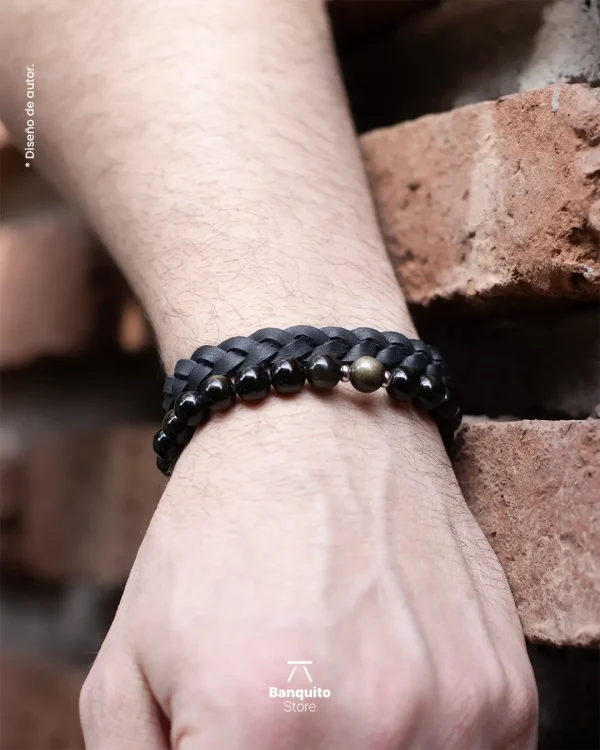Pulsera de Obsidiana Dorada y Cuero Negro